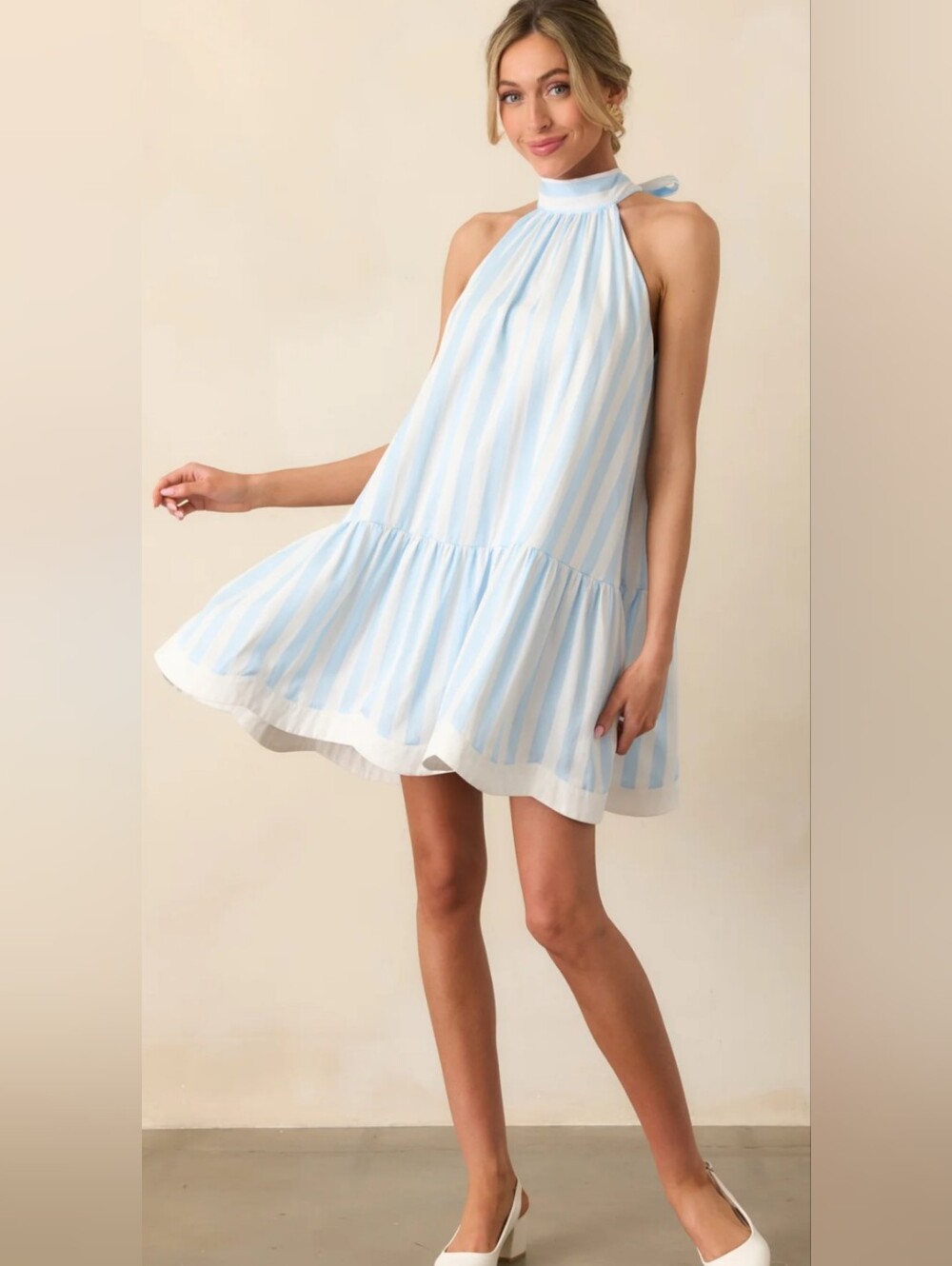 Sleeveless Halter Mini Dress in Light Blue & White